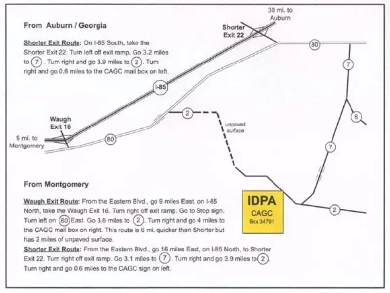 Hand-drawn map with directions to the club from Montgomery and Auburn